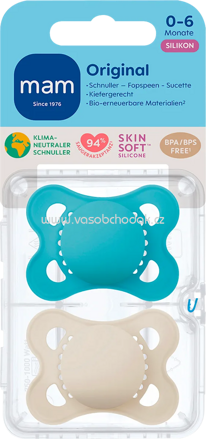 mam Schnuller Original plain Silikon blau/creme, 0-6 Monate, 2 St