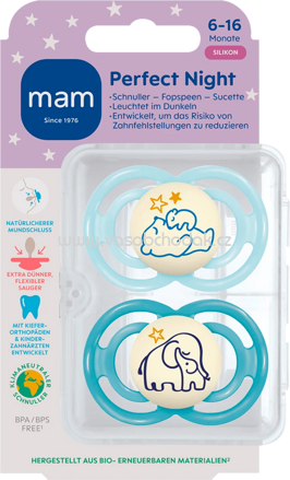 mam Schnuller Perfect Night Silikon, blau, 6-16 Monate, 2 St
