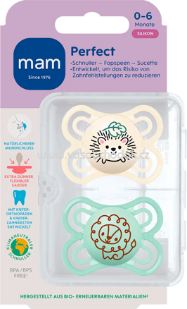 mam Schnuller Perfect Silikon, creme/mint, 0-6 Monate, 2 St
