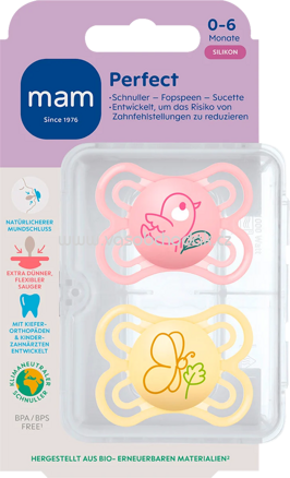 mam Schnuller Perfect Silikon, rosa/gelb, 0-6 Monate, 2 St