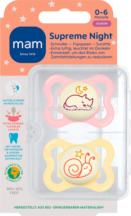 mam Schnuller Supreme Night Silikon, rosa/gelb, 0-6 Monate, 2 St