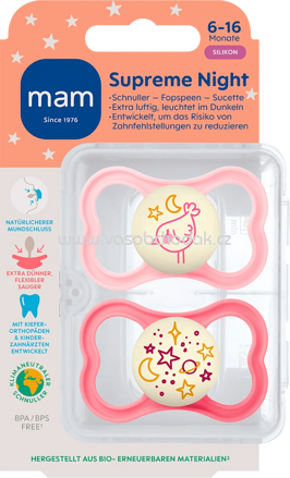 mam Schnuller Supreme Night Silikon, rosa/pink, 6-16 Monate, 2 St