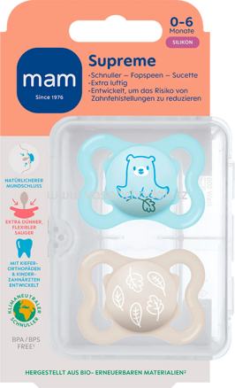 mam Schnuller Supreme Silikon, blau/creme, 0-6 Monate, 2 St