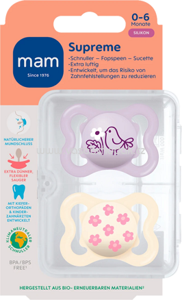 mam Schnuller Supreme Silikon, lila/creme, 0-6 Monate, 2 St