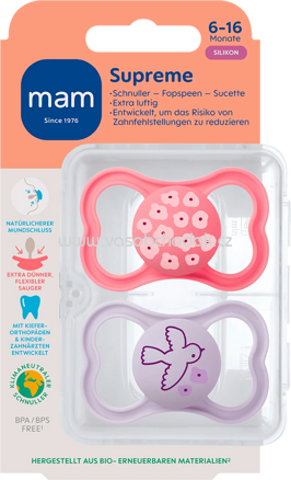 mam Schnuller Supreme Silikon, pink/lila, 6-16 Monate, 2 St