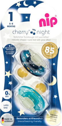 Nip Schnuller Cherry Night aus Latex, Größe 1, 0-6 Monate, dunkelblau/türkis, 2 St