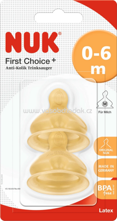 Nuk Ventilsauger First Choice+, Latex, 0-6 Monate, Lochgröße M (Milch), 2 St