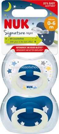 NUK Schnuller Signature Night, Silikon, blau, 0-6 Monate, 2 St