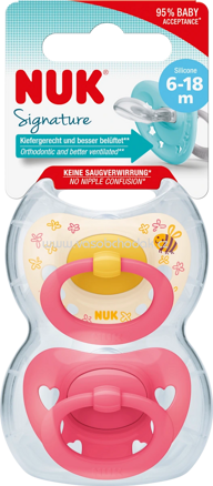 NUK Schnuller Signature Silikon, gelb/pink, 6-18 Monate, 2 St