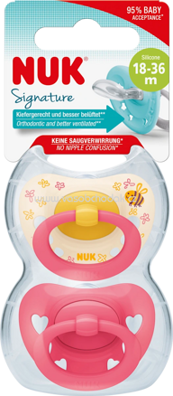 NUK Schnuller Signature Silikon, gelb/pink, ab 18 Monate, 2 St
