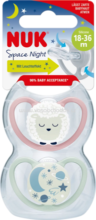 NUK Schnuller Space Night Silikon, lila/mint, ab 18 Monate, 2 St