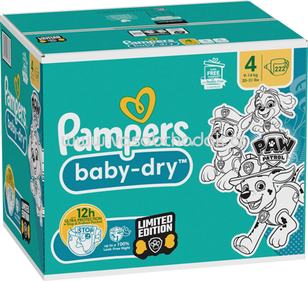 Pampers Windeln Baby Dry Gr.4, 9-14 kg, Limited Edition Paw Patrol, Monatsbox, 222 St