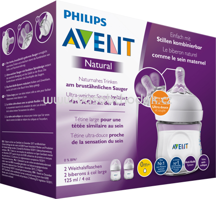 Philips AVENT Flasche Natural 2.0 mit Silikonsauger, ab 0+ Monate, 2x125 ml, 2 St
