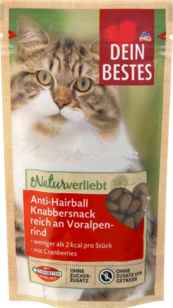 Dein Bestes Naturverliebt Anti-Hairball Knabbersnack reich an Voralpenrind, 50g