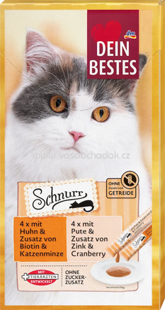 Dein Bestes Schnurr 4x mit Huhn - Biotin & Katzenminze, 4x mit Pute & Zusatz von Zink & Cranberry, 8 St