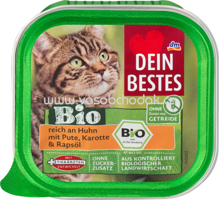 Dein Bestes Nassfutter Katze Bio reich an Huhn mit Pute, Karotte & Rapsöl, 100g