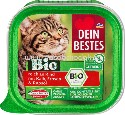 Dein Bestes Nassfutter Katze Bio reich an Rind mit Kalb, Erbsen & Rapsöl, 100g