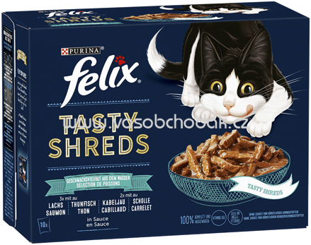 Purina Felix Tasty Shreds Geschmackvielfalt aus dem Wasser in Sauce, 10x80g