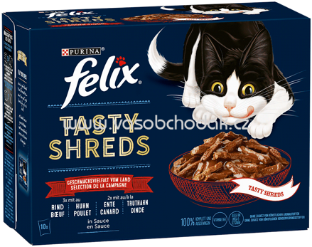 Purina Felix Tasty Shreds Geschmackvielfalt vom Land in Sauce, 10x80g