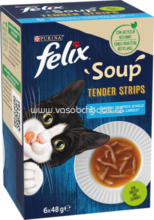 Purina Felix Soup Tender Strips Kabeljau, Thunfisch, Scholle, 6x48g