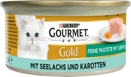 Purina Gourmet Gold Feine Pastete mit Gemüse mit Seelachs und Karotten, 85g