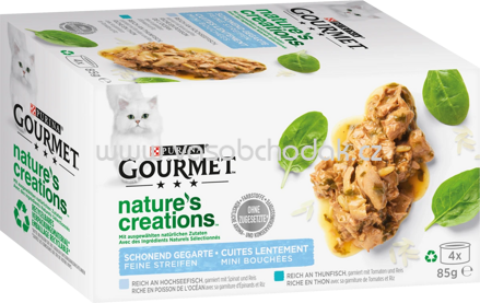 Purina Gourmet Nature's Creations, reich an Hochseefisch, garniert mit Spinat & Reis, reich an Thunfisch, garniert mit Tomaten & Reis, 4x85g