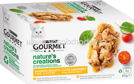 Purina Gourmet Nature's Creations, reich an Huhn, garniert mit Spinat & Tomaten, reich an Truthahn, garniert mit Spinat & Pastinaken, 4x85g