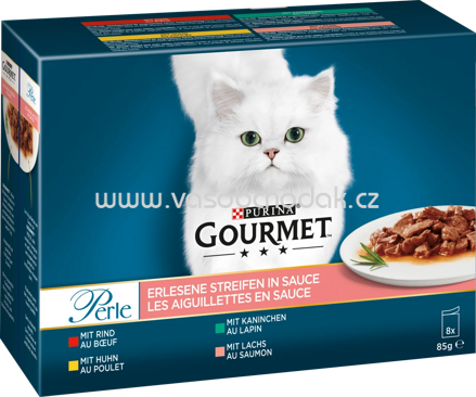 Purina Gourmet Perle Erlesene Streifen in Sauce mit Rind, Kaninchen, Huhn, Lachs, 8x85g