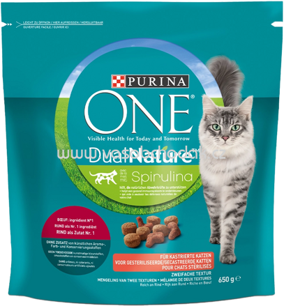 Purina ONE Dual Nature Spirulina für kastrierte Katzen reich an Rind, 650g