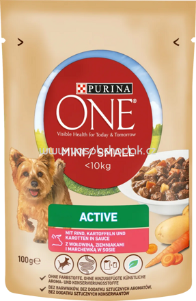 Purina ONE Adult Mini Active mit Rind, Kartoffeln und Karotten in Sauce, 100g