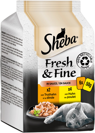 Sheba Portionsbeutel Fresh & Fine in Sauce mit Truthahn und Huhn, 6x50g