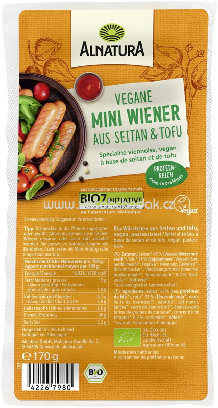 Alnatura Vegane Mini-Wiener aus Seitan und Tofu, ungekühlt, 170g