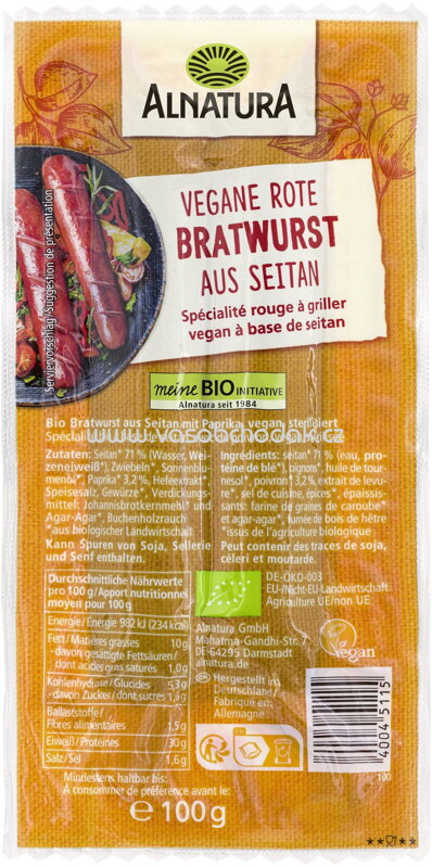 Alnatura Vegane rote Bratwurst aus Seitan, ungeküht, 100g