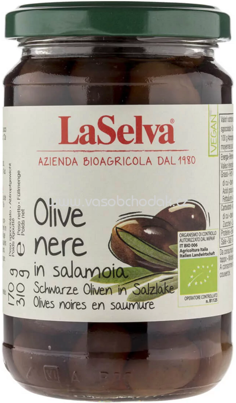 LaSelva Schwarze Oliven mit Stein in Salzlake, 310g LaSelva Schwarze Oliven mit Stein in Salzlake, 310g