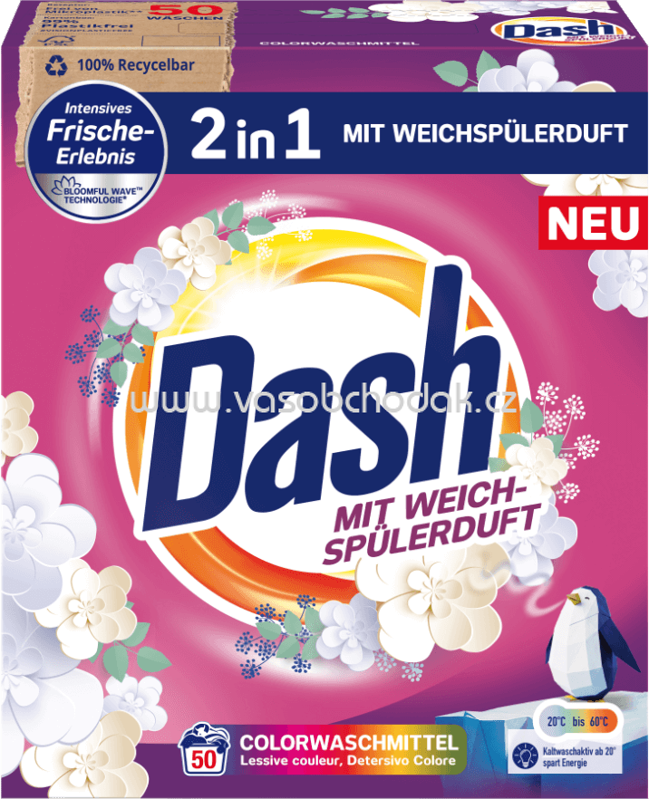 Dash 2in1 Colorwaschmittel Pulver mit Weichspülerduft, 50 Wl