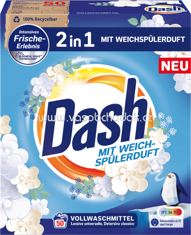 Dash 2in1 Vollwaschmittel Pulver mit Weichspülerduft, 50 Wl