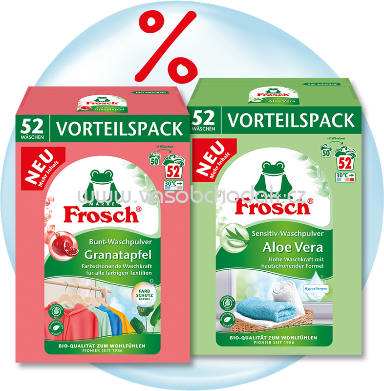 Frosch Waschpulver Granatapfel Bunt, Waschpulver Aloe Vera Sensitiv Family-Paket,104Wl, 2x3.432 l, 6.864 l