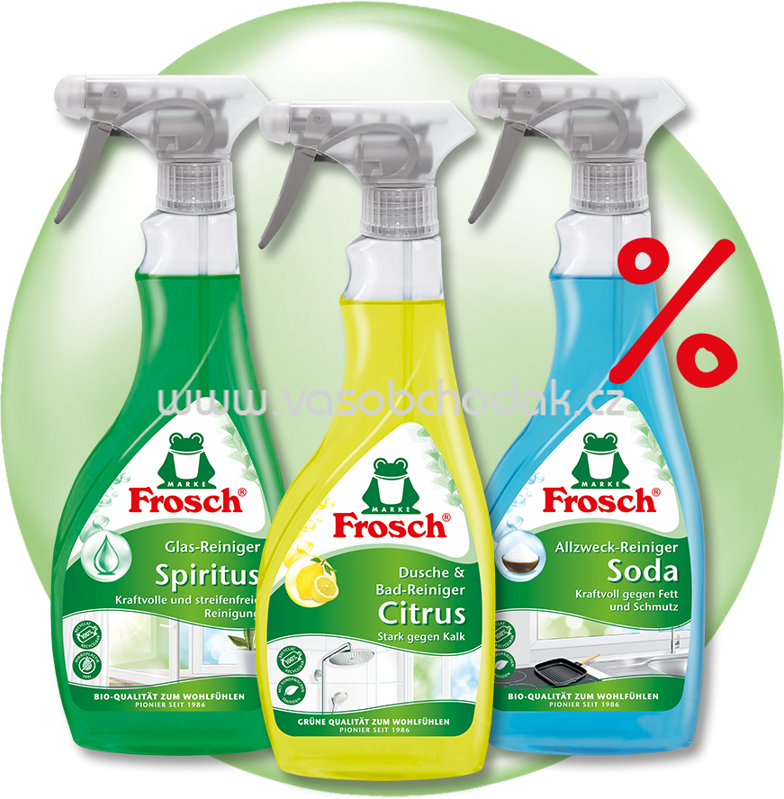Frosch Glas Reiniger Spiritus + Dusche & Bad Reiniger Citrus + Allzweck Reiniger Soda, 3x500 ml, 3 St Frosch Glas Reiniger Spiritus + Dusche & Bad Reiniger Citrus + Allzweck Reiniger Soda, 3x500 ml, 3 St