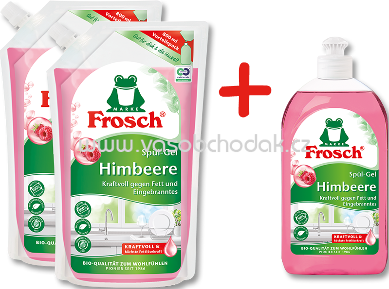 Frosch Spül-Gel  Himbeer, Spül-Gel Himbeer Nachfüllbeutel, 2x800 ml, 1x500 ml, 2,100 l 