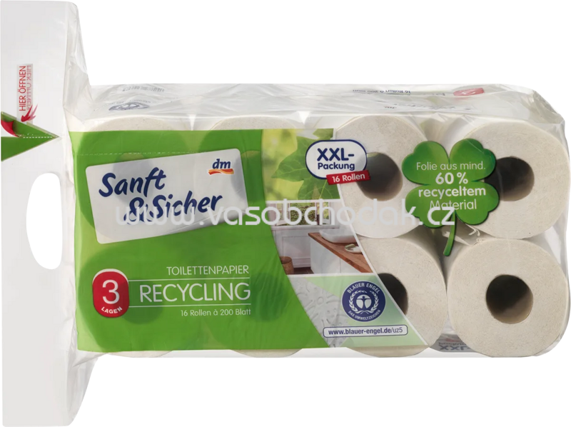 Sanft&Sicher Toilettenpapier Recycling, 3-lagig, 200 Blatt, 8 - 16 Rollen