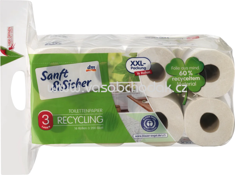 Sanft&Sicher Toilettenpapier Recycling, 3-lagig, 200 Blatt, 8 - 16 Rollen Sanft&Sicher Toilettenpapier Recycling, 3-lagig, 200 Blatt, 8 - 16 Rollen