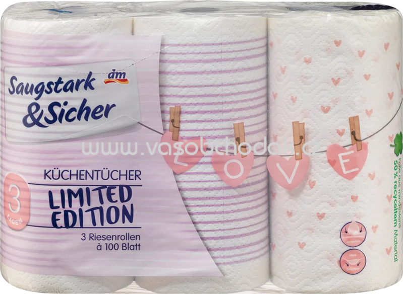 Saugstark&Sicher Küchentücher Design, 3-lagig, 3x100 Blatt, 3 Rollen Saugstark&Sicher Küchentücher Design, 3-lagig, 3x100 Blatt, 3 Rollen