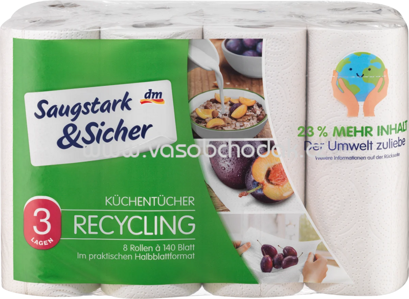 Saugstark&Sicher Recycling Küchentücher, 3-lagig, Halb-Blatt 8x140 Blatt, 8 Rollen