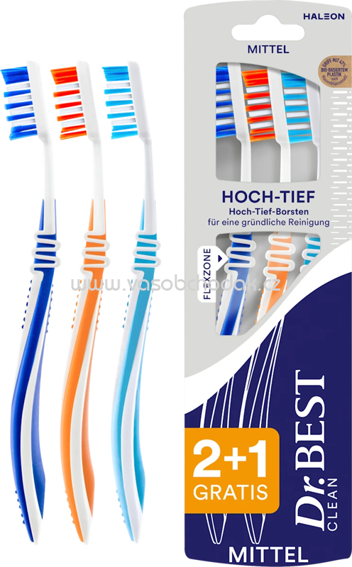 Dr. Best Zahnbürste Clean Hoch-Tief mittel (2+1 Gratis), 3 St Dr. Best Zahnbürste Clean Hoch-Tief mittel (2+1 Gratis), 3 St