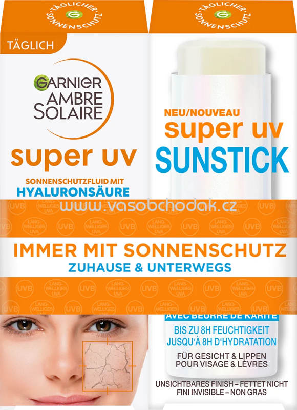 Garnier Ambre Solaire Sonnenfluid Gesicht Hyaluron + Sonnenstick Gesicht, super UV, LSF 50+, 1 St Garnier Ambre Solaire Sonnenfluid Gesicht Hyaluron + Sonnenstick Gesicht, super UV, LSF 50+, 1 St