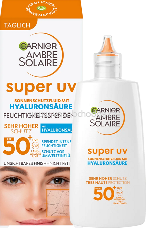 Garnier Ambre Solaire Sonnenfluid Gesicht super UV mit Hyaluronsäure, LSF 50+, 40 ml Garnier Ambre Solaire Sonnenfluid Gesicht super UV mit Hyaluronsäure, LSF 50+, 40 ml