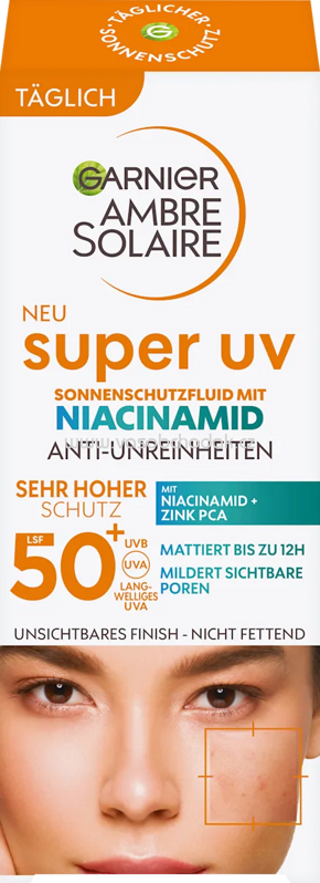 Garnier Ambre Solaire Sonnenfluid Gesicht super UV mit Niacinamid, LSF 50+, 40 ml Garnier Ambre Solaire Sonnenfluid Gesicht super UV mit Niacinamid, LSF 50+, 40 ml