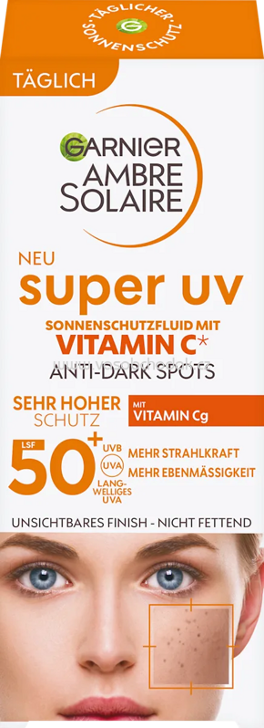 Garnier Ambre Solaire Sonnenfluid Gesicht super UV mit Vitamin C, LSF 50+, 40 m Garnier Ambre Solaire Sonnenfluid Gesicht super UV mit Vitamin C, LSF 50+, 40 m