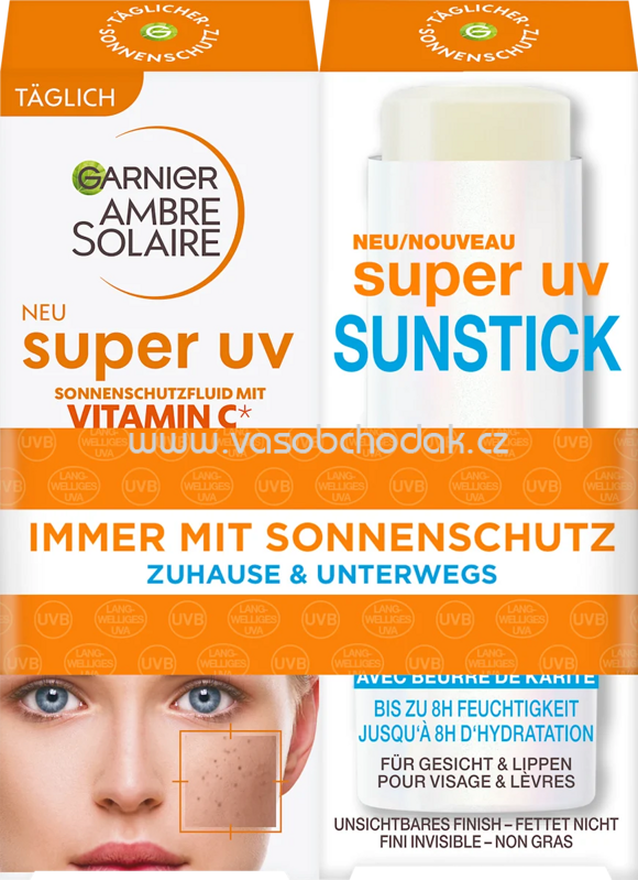 Garnier Ambre Solaire Sonnenfluid Gesicht Vitamin C + Sonnenstick, Gesicht, super UV, LSF, 1 St Garnier Ambre Solaire Sonnenfluid Gesicht Vitamin C + Sonnenstick, Gesicht, super UV, LSF, 1 St