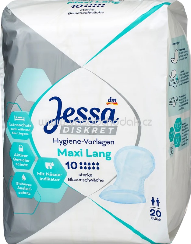 Jessa DISKRET Hygiene-Vorlagen Inkontinenz Maxi Lang, 20 St Jessa DISKRET Hygiene-Vorlagen Inkontinenz Maxi Lang, 20 St